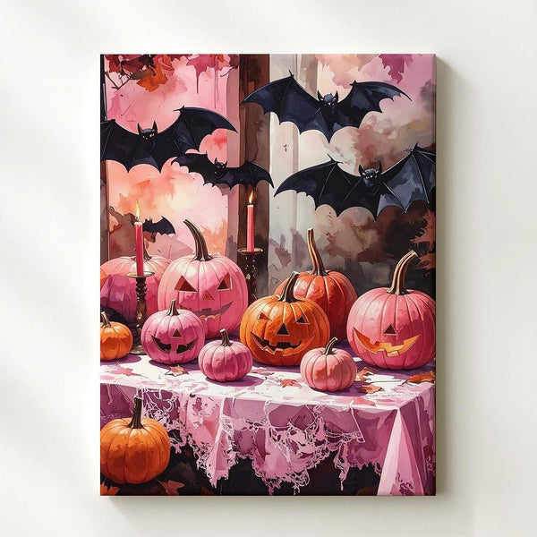 Whimsical Pink Pumpkin Display Canvas – Lace Table & Fluttering Bats Art - Gifitto
