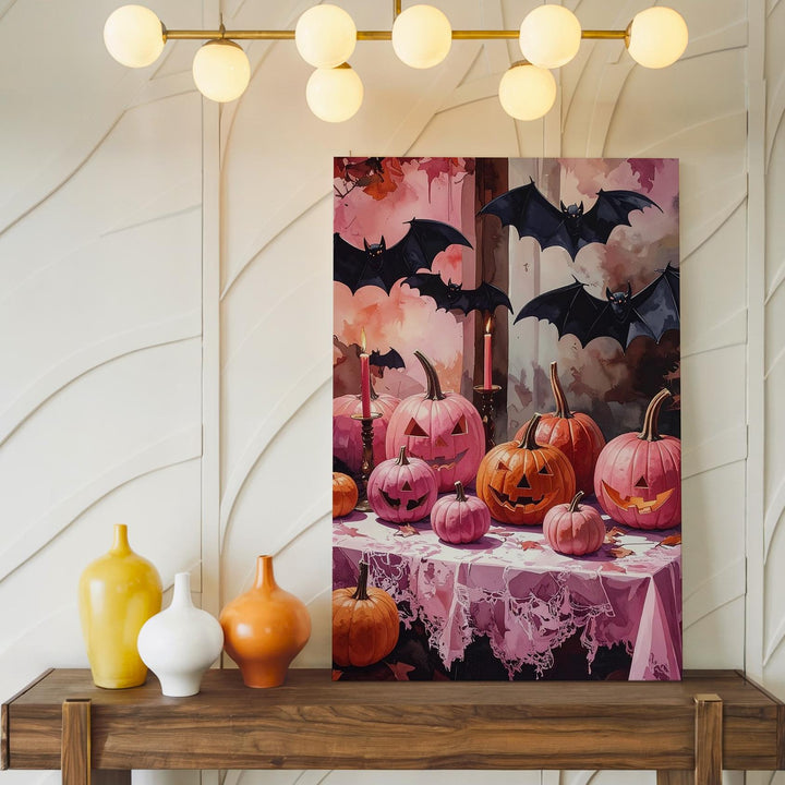 Whimsical Pink Pumpkin Display Canvas – Lace Table & Fluttering Bats Art - Gifitto