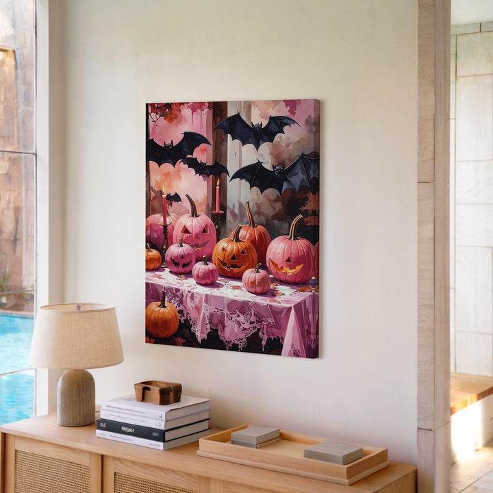 Whimsical Pink Pumpkin Display Canvas – Lace Table & Fluttering Bats Art - Gifitto