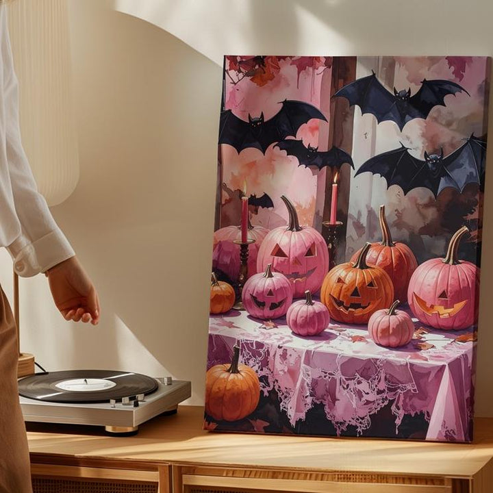 Whimsical Pink Pumpkin Display Canvas – Lace Table & Fluttering Bats Art - Gifitto