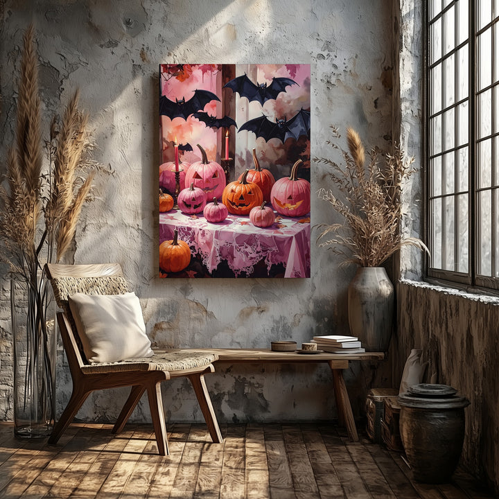 Whimsical Pink Pumpkin Display Canvas – Lace Table & Fluttering Bats Art - Gifitto