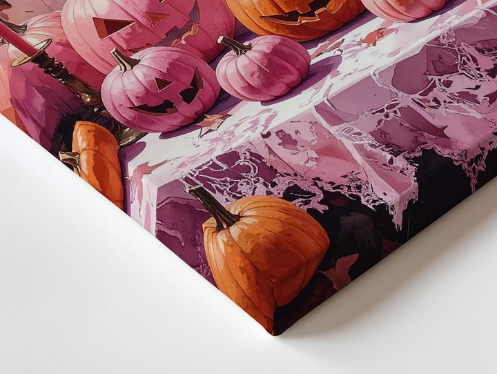 Whimsical Pink Pumpkin Display Canvas – Lace Table & Fluttering Bats Art - Gifitto