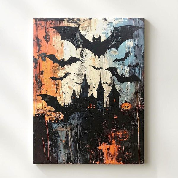 Grunge Bats & Castle Halloween Canvas – Urban Gothic Collage Art - Gifitto