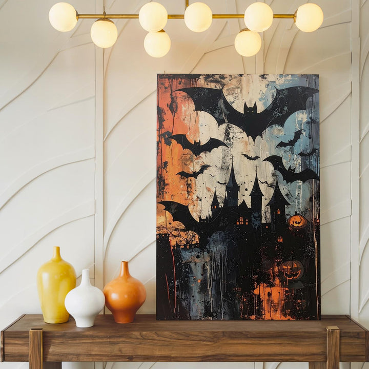 Grunge Bats & Castle Halloween Canvas – Urban Gothic Collage Art - Gifitto