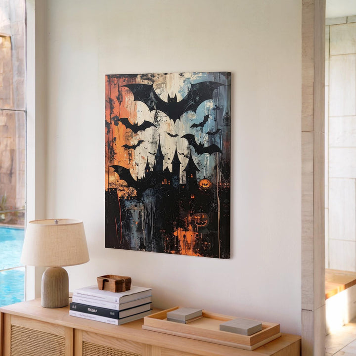 Grunge Bats & Castle Halloween Canvas – Urban Gothic Collage Art - Gifitto