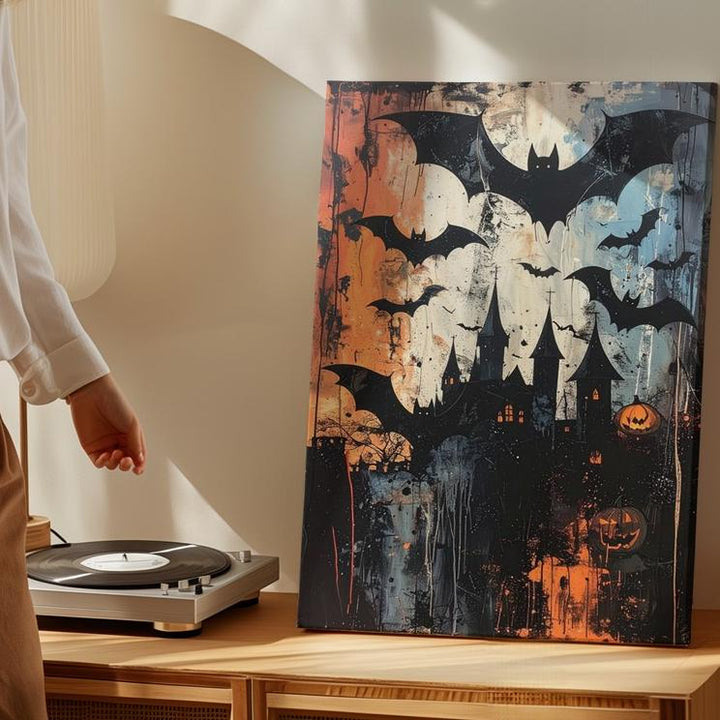 Grunge Bats & Castle Halloween Canvas – Urban Gothic Collage Art - Gifitto
