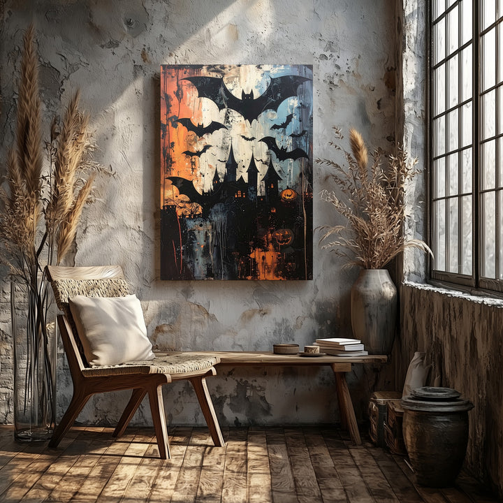 Grunge Bats & Castle Halloween Canvas – Urban Gothic Collage Art - Gifitto
