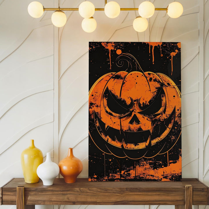 Punk Horror Jack-O'-Lantern Canvas – Grungy Orange Face on Black Texture - Gifitto