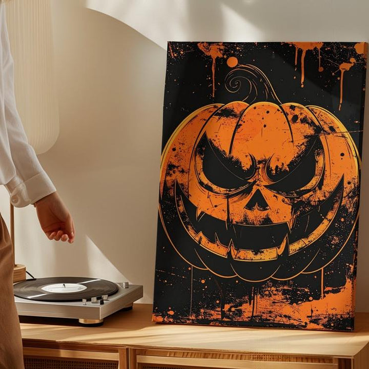 Punk Horror Jack-O'-Lantern Canvas – Grungy Orange Face on Black Texture - Gifitto