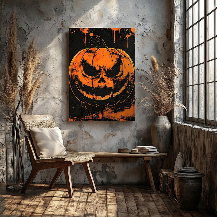 Punk Horror Jack-O'-Lantern Canvas – Grungy Orange Face on Black Texture - Gifitto
