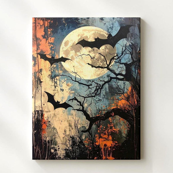 Grunge Bats & Full Moon Canvas – Vintage Halloween Night Wall Art - Gifitto