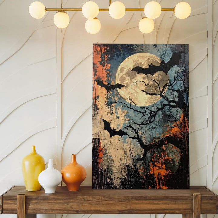 Grunge Bats & Full Moon Canvas – Vintage Halloween Night Wall Art - Gifitto