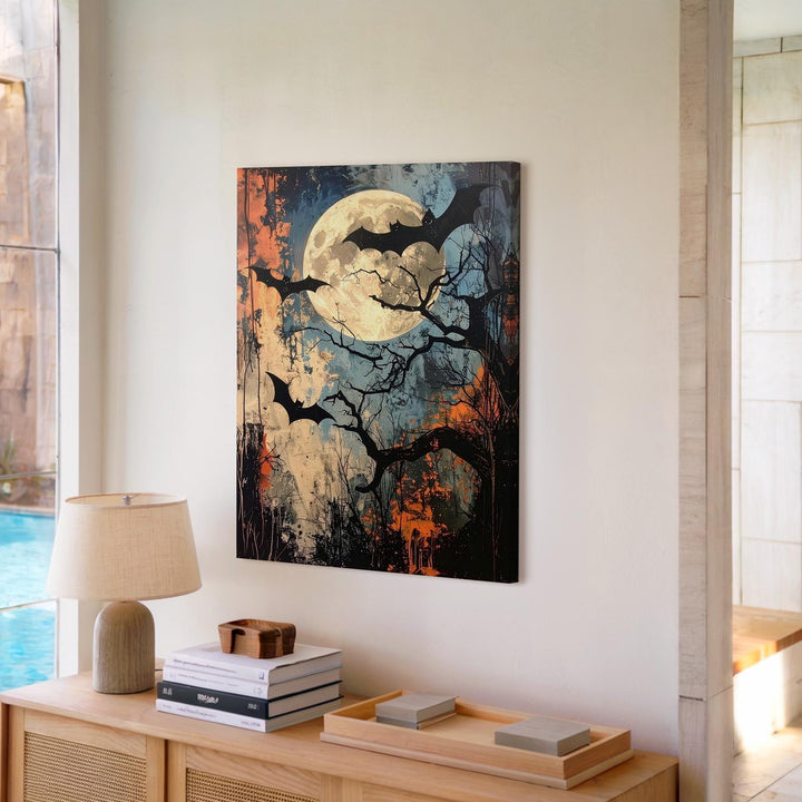 Grunge Bats & Full Moon Canvas – Vintage Halloween Night Wall Art - Gifitto