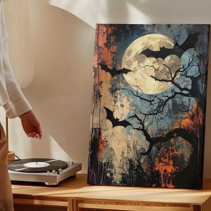 Grunge Bats & Full Moon Canvas – Vintage Halloween Night Wall Art - Gifitto