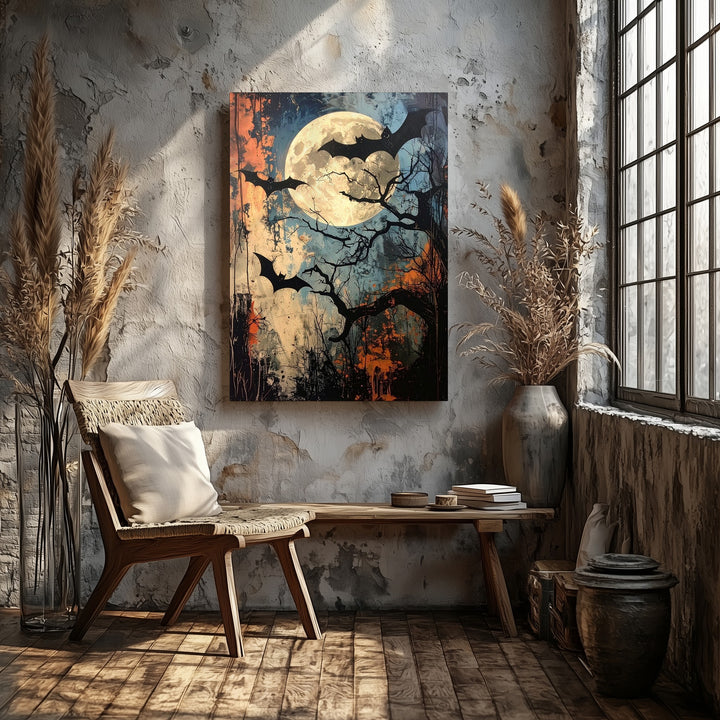 Grunge Bats & Full Moon Canvas – Vintage Halloween Night Wall Art - Gifitto