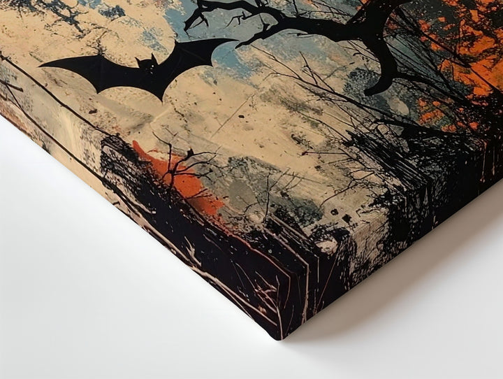 Grunge Bats & Full Moon Canvas – Vintage Halloween Night Wall Art - Gifitto