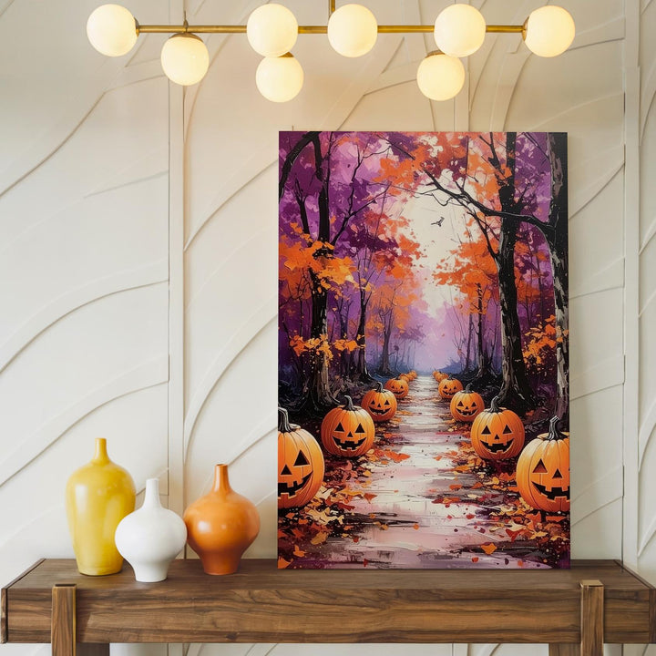 Whimsical Halloween Path Canvas – Glowing Jack-o’-Lanterns & Arching Trees - Gifitto