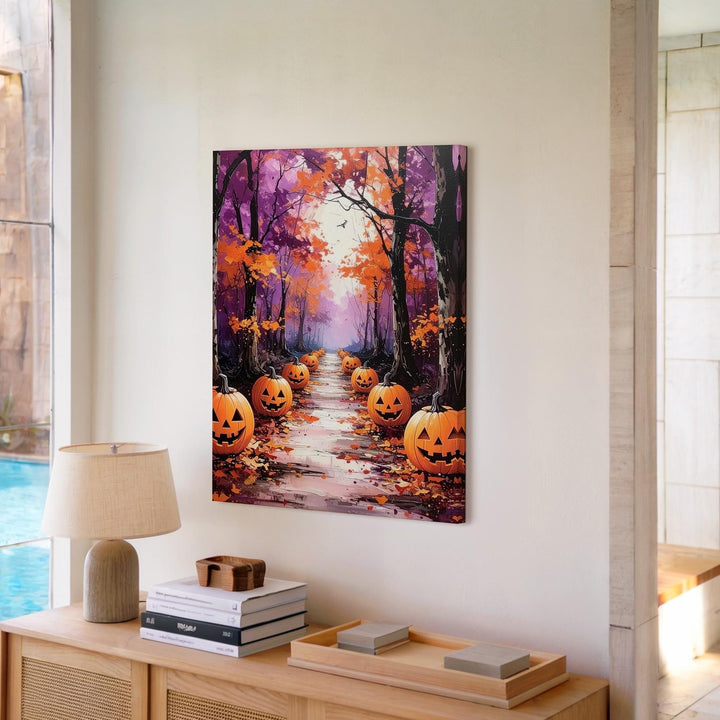 Whimsical Halloween Path Canvas – Glowing Jack-o’-Lanterns & Arching Trees - Gifitto
