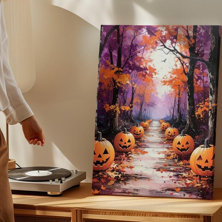 Whimsical Halloween Path Canvas – Glowing Jack-o’-Lanterns & Arching Trees - Gifitto