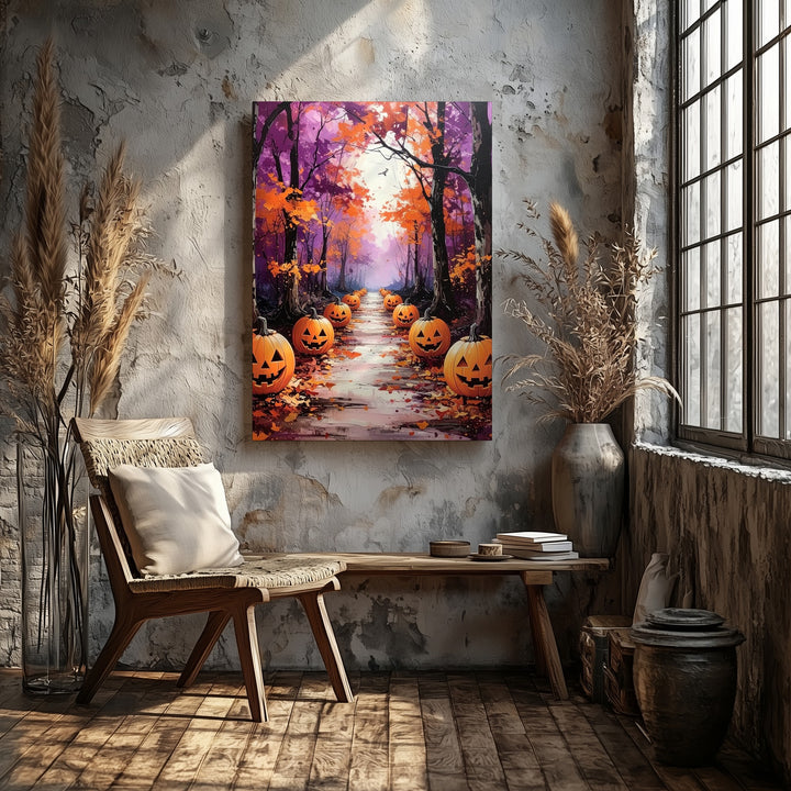 Whimsical Halloween Path Canvas – Glowing Jack-o’-Lanterns & Arching Trees - Gifitto