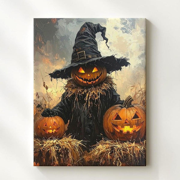 Pumpkin-Head Scarecrow Canvas – Rustic Halloween Straw & Jack-o’-Lantern Art - Gifitto