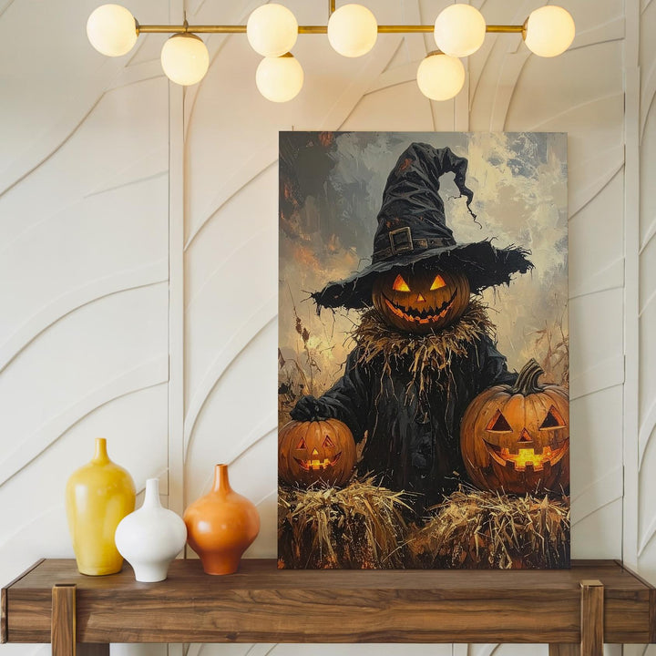 Pumpkin-Head Scarecrow Canvas – Rustic Halloween Straw & Jack-o’-Lantern Art - Gifitto