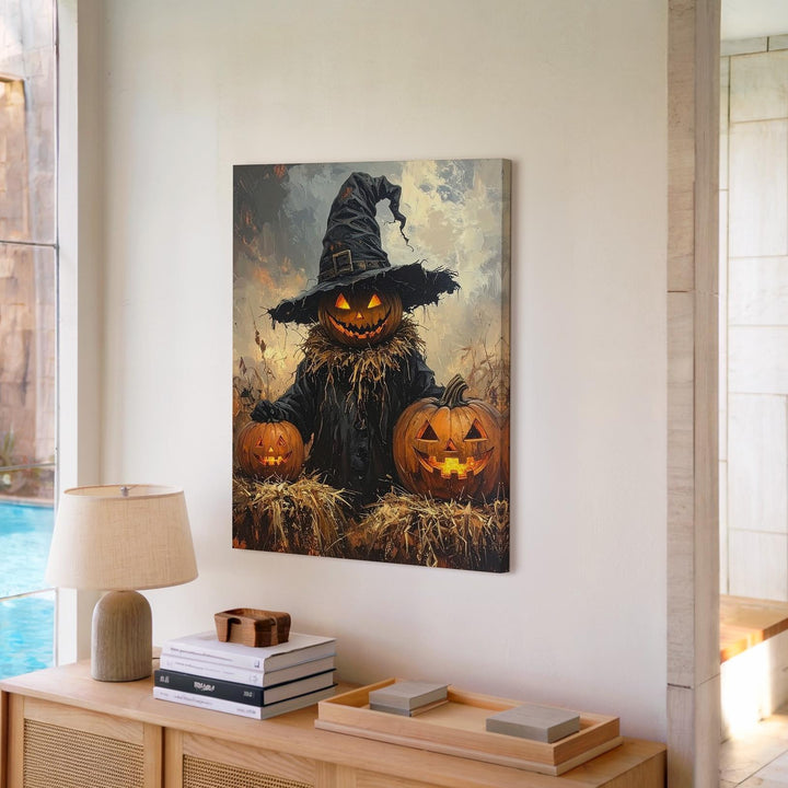 Pumpkin-Head Scarecrow Canvas – Rustic Halloween Straw & Jack-o’-Lantern Art - Gifitto