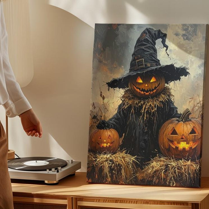 Pumpkin-Head Scarecrow Canvas – Rustic Halloween Straw & Jack-o’-Lantern Art - Gifitto