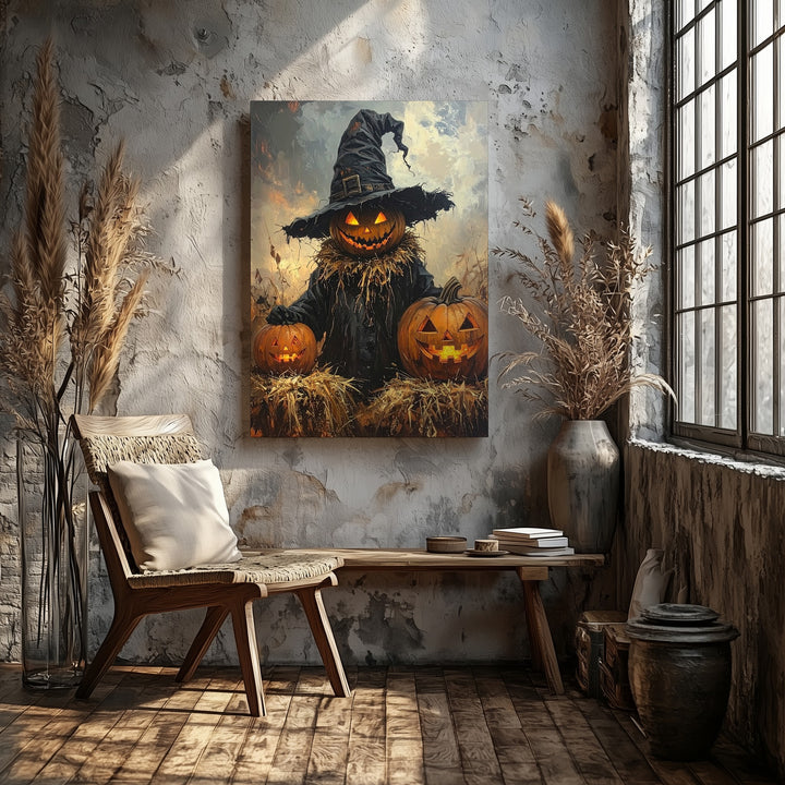 Pumpkin-Head Scarecrow Canvas – Rustic Halloween Straw & Jack-o’-Lantern Art - Gifitto