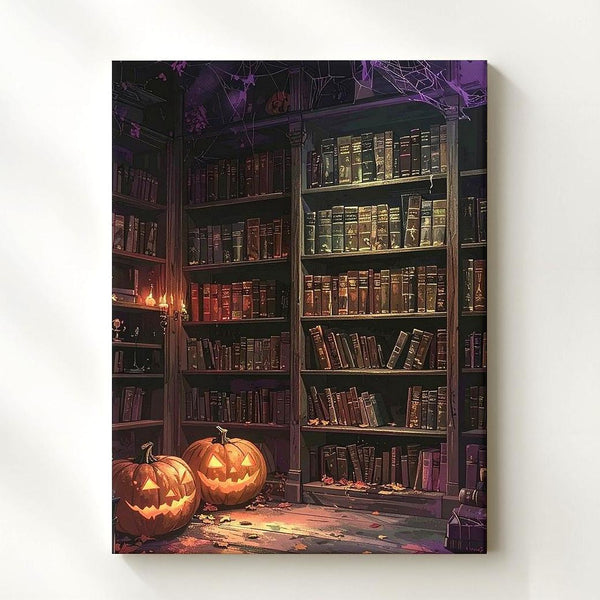 Haunted Library Canvas – Gothic Halloween Pumpkin & Book Art - Gifitto