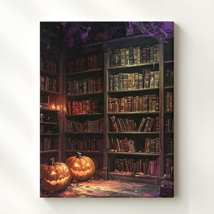 Haunted Library Canvas – Gothic Halloween Pumpkin & Book Art - Gifitto