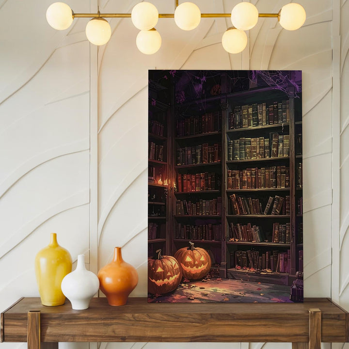 Haunted Library Canvas – Gothic Halloween Pumpkin & Book Art - Gifitto