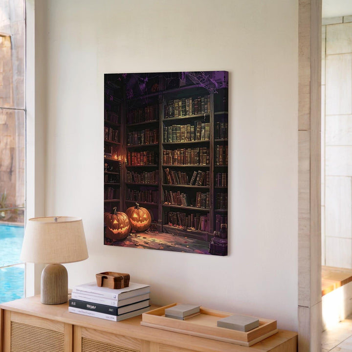 Haunted Library Canvas – Gothic Halloween Pumpkin & Book Art - Gifitto