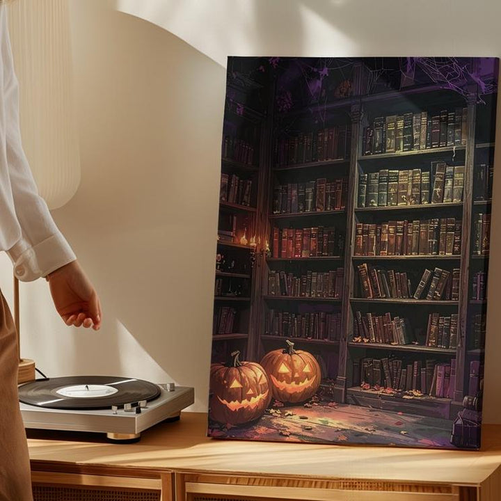 Haunted Library Canvas – Gothic Halloween Pumpkin & Book Art - Gifitto