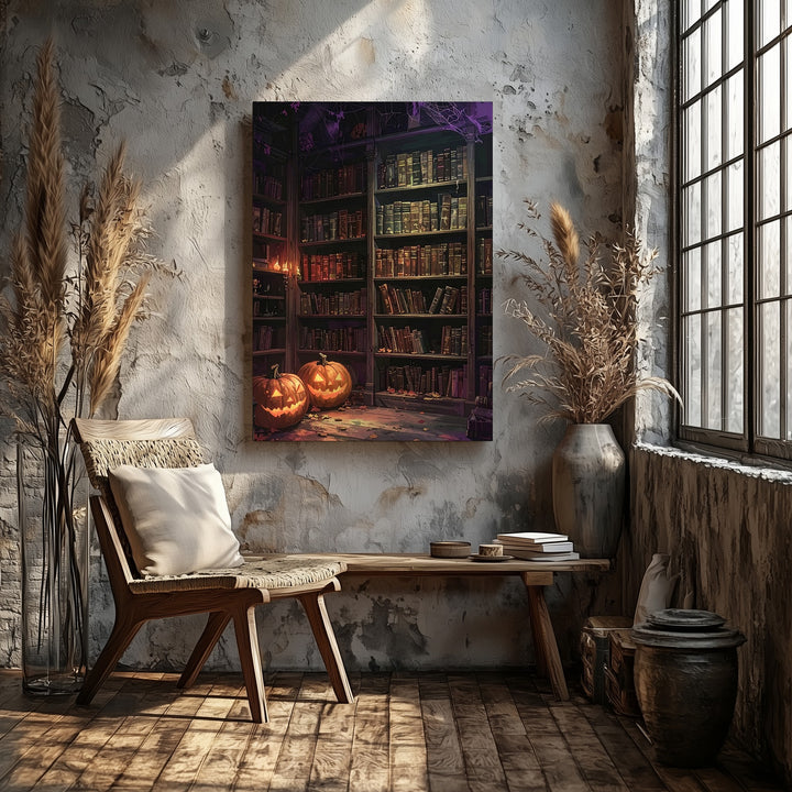 Haunted Library Canvas – Gothic Halloween Pumpkin & Book Art - Gifitto
