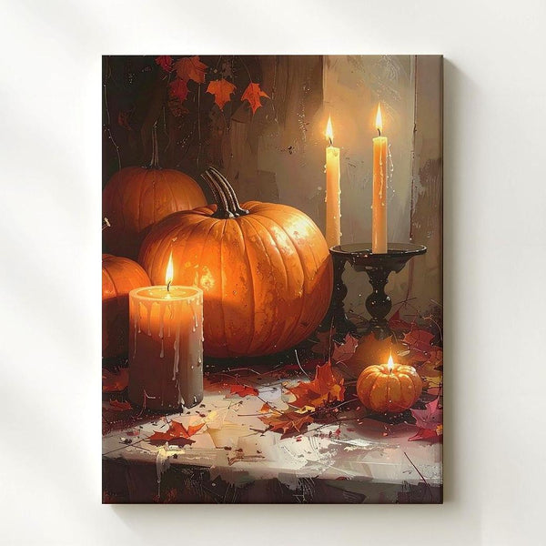 Festive Halloween Still Life Canvas – Pumpkins, Black Candles & Autumn Leaves - Gifitto