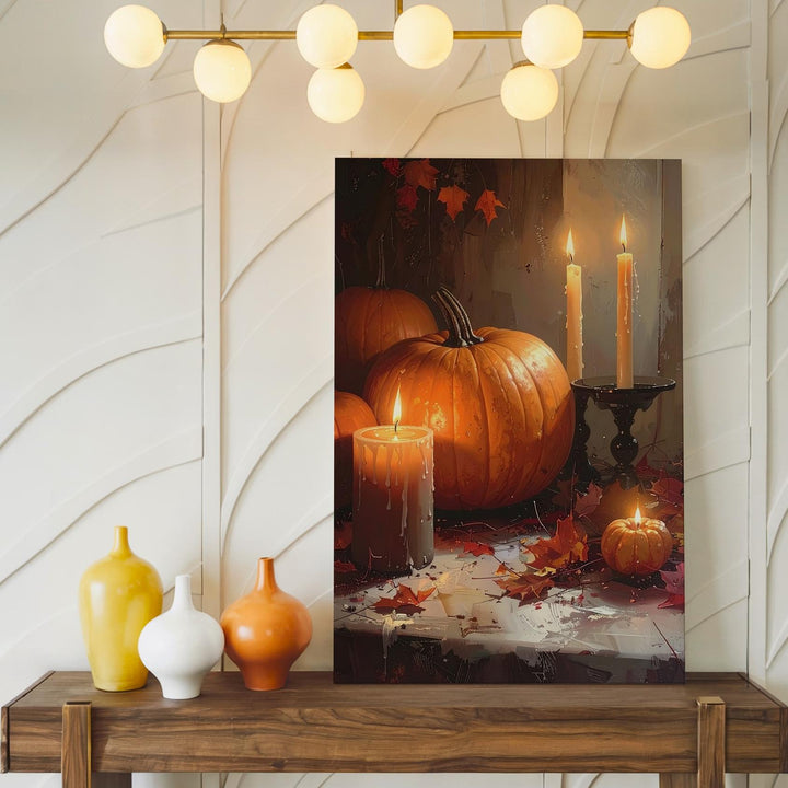 Festive Halloween Still Life Canvas – Pumpkins, Black Candles & Autumn Leaves - Gifitto