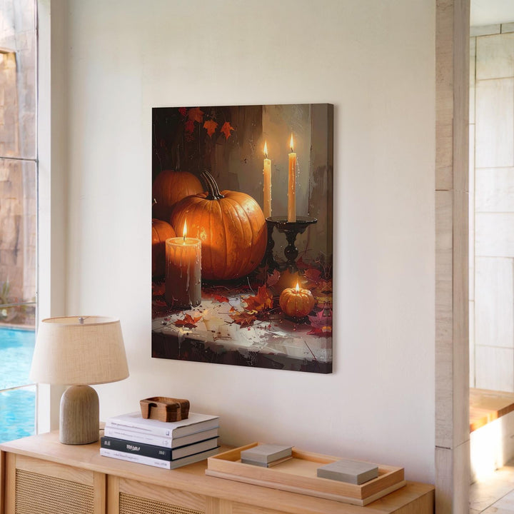 Festive Halloween Still Life Canvas – Pumpkins, Black Candles & Autumn Leaves - Gifitto
