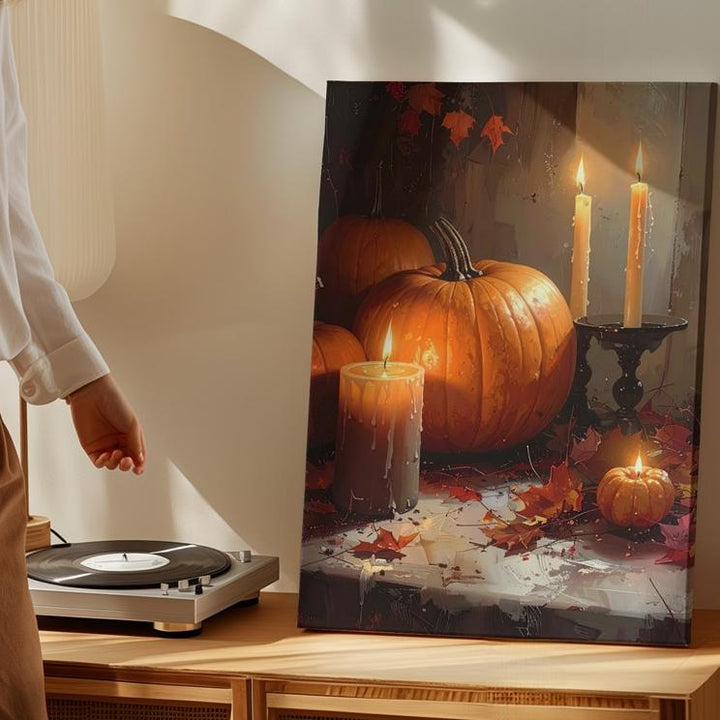 Festive Halloween Still Life Canvas – Pumpkins, Black Candles & Autumn Leaves - Gifitto
