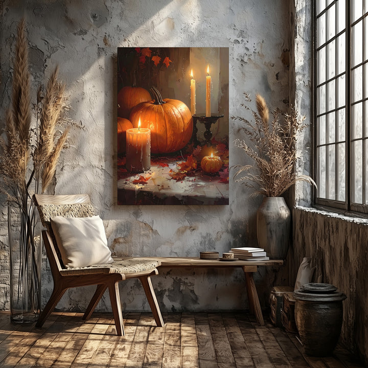 Festive Halloween Still Life Canvas – Pumpkins, Black Candles & Autumn Leaves - Gifitto