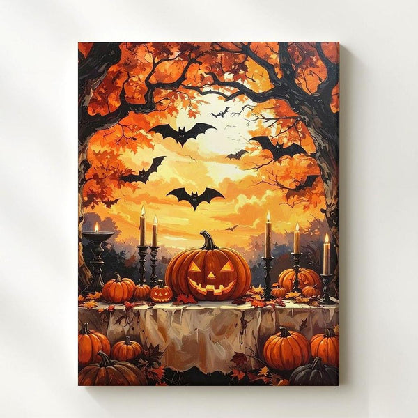 Haunted Harvest Table Canvas – Pumpkins, Lanterns & Golden Halloween Sky - Gifitto