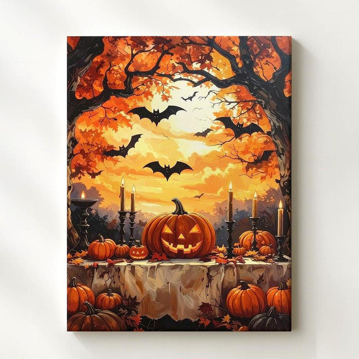 Haunted Harvest Table Canvas – Pumpkins, Lanterns & Golden Halloween Sky - Gifitto