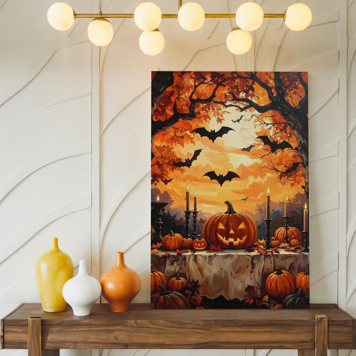 Haunted Harvest Table Canvas – Pumpkins, Lanterns & Golden Halloween Sky - Gifitto