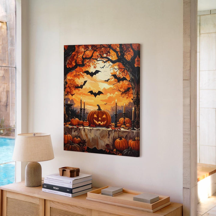 Haunted Harvest Table Canvas – Pumpkins, Lanterns & Golden Halloween Sky - Gifitto