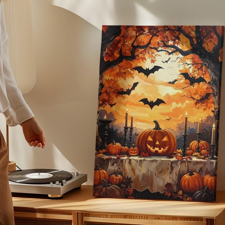 Haunted Harvest Table Canvas – Pumpkins, Lanterns & Golden Halloween Sky - Gifitto