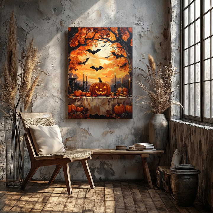 Haunted Harvest Table Canvas – Pumpkins, Lanterns & Golden Halloween Sky - Gifitto