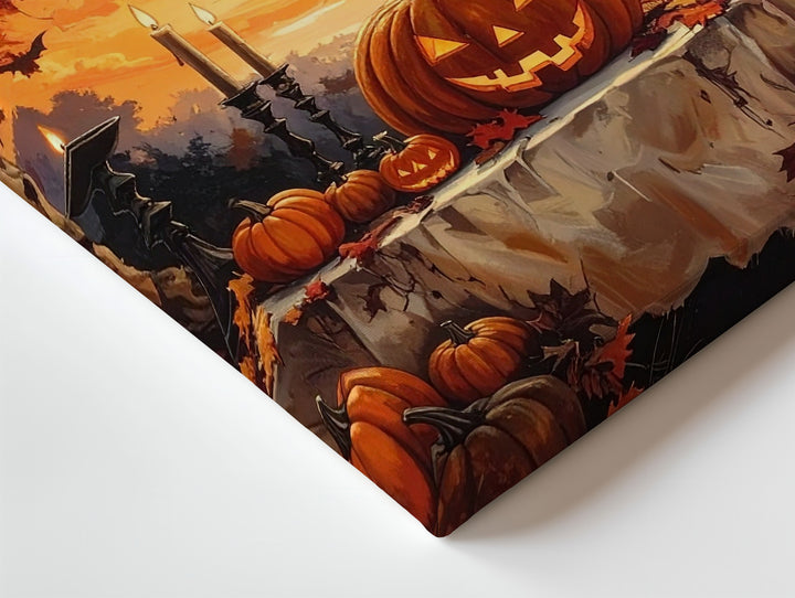 Haunted Harvest Table Canvas – Pumpkins, Lanterns & Golden Halloween Sky - Gifitto