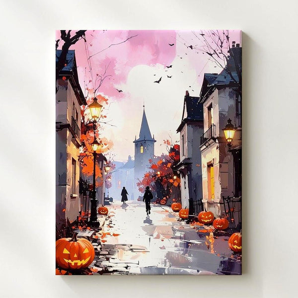 Halloween Village Stroll Canvas – Pink Dusk & Pumpkin Street Wall Art - Gifitto