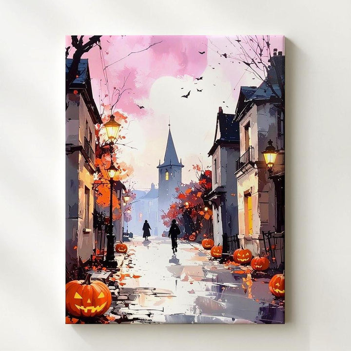 Halloween Village Stroll Canvas – Pink Dusk & Pumpkin Street Wall Art - Gifitto