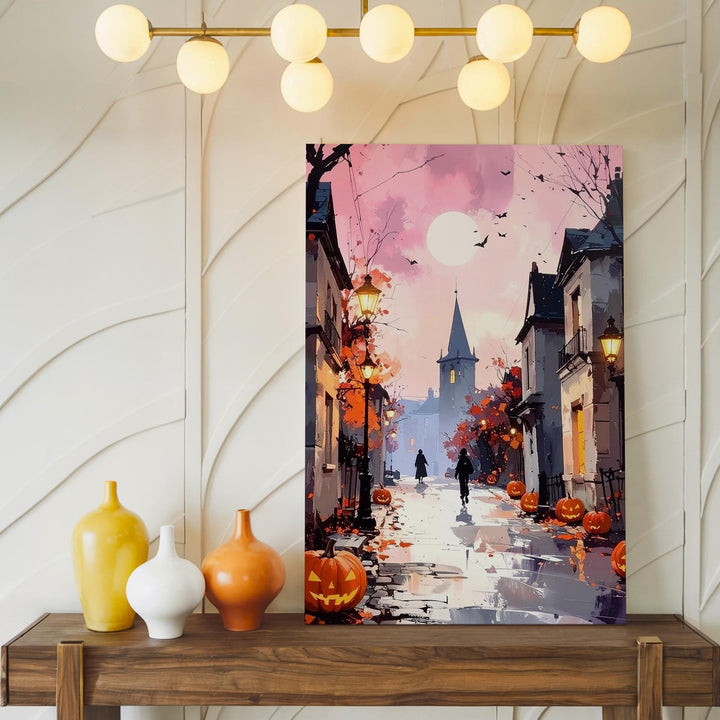 Halloween Village Stroll Canvas – Pink Dusk & Pumpkin Street Wall Art - Gifitto
